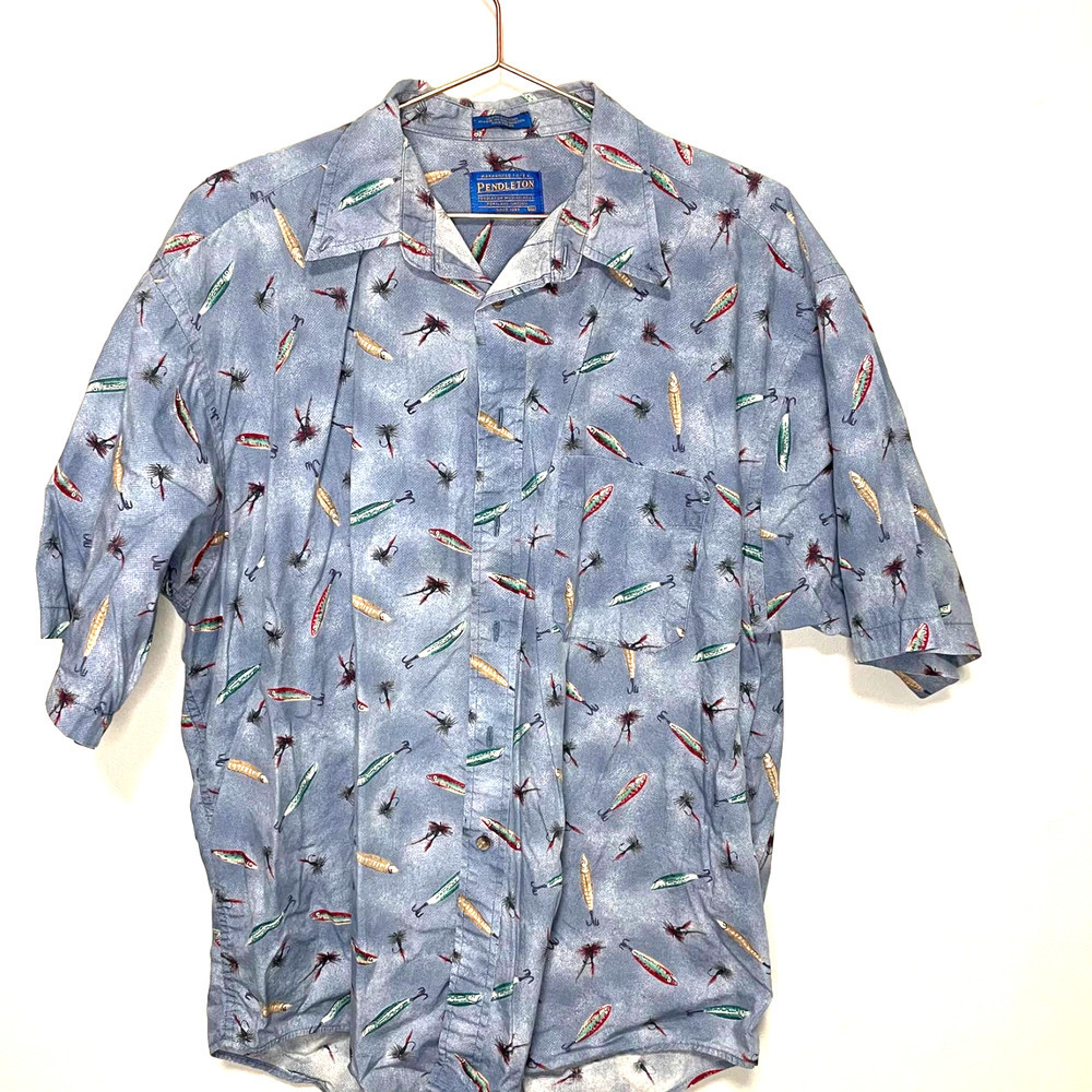 Pendleton Blue Button Down Fishing Bait Design Short Sleeve size Extra Large